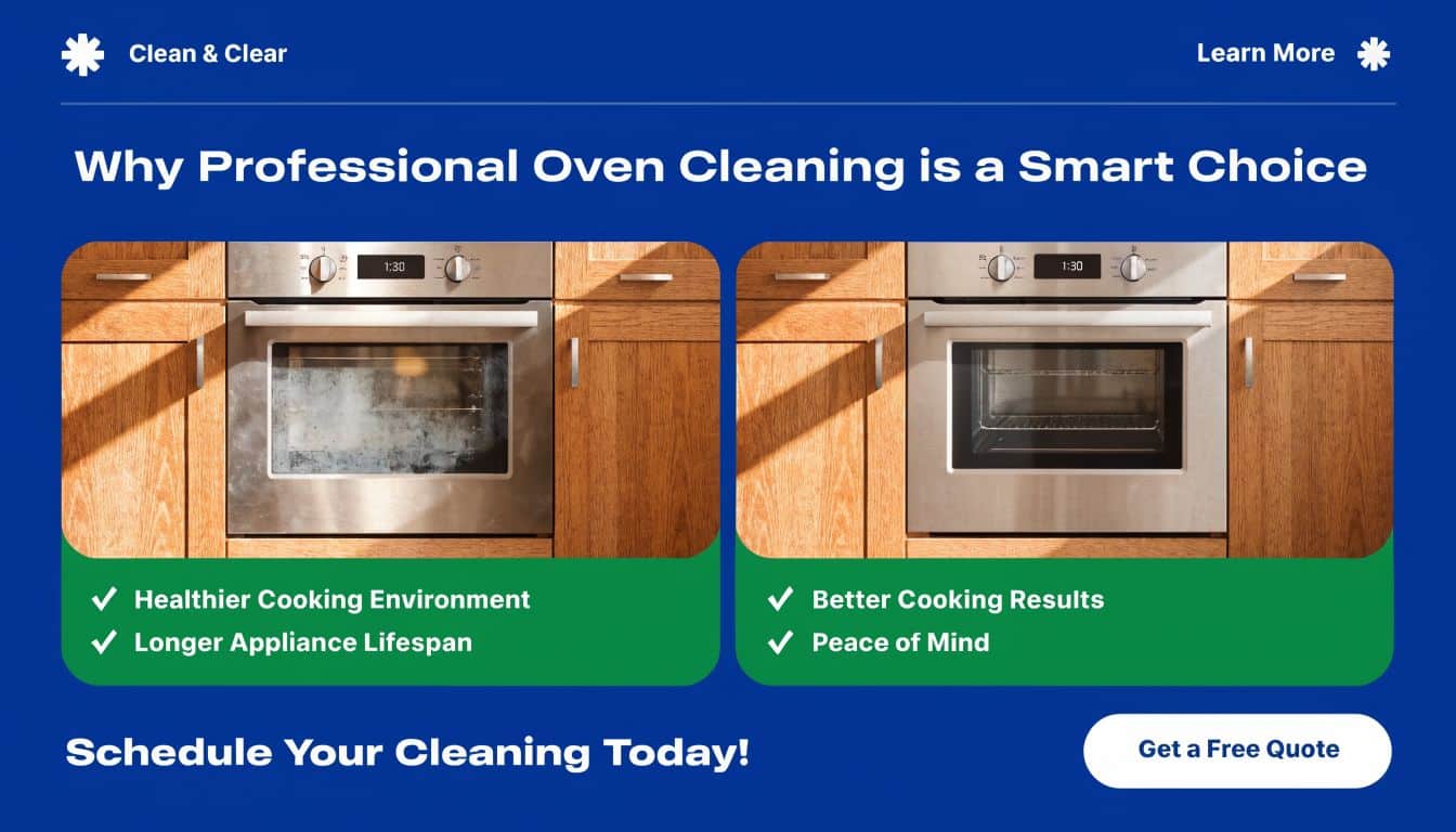 A side-by-side comparison of a dirty oven and a clean oven to promote professional oven cleaning services.