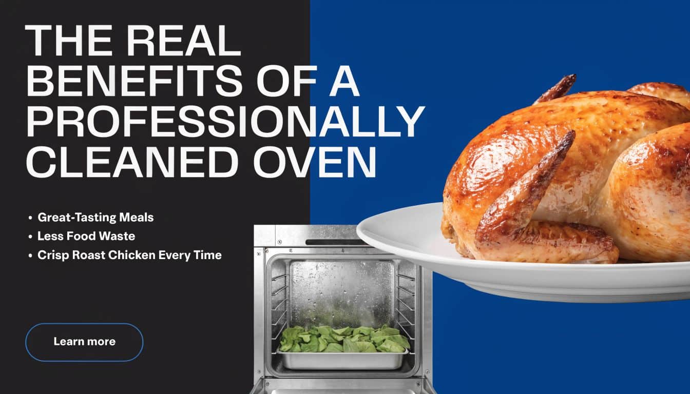 A golden brown roasted chicken sits on a plate above a clean oven with leafy greens inside.